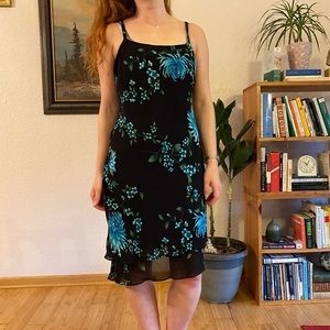 Black A-line Formal dress with blue floral pattern